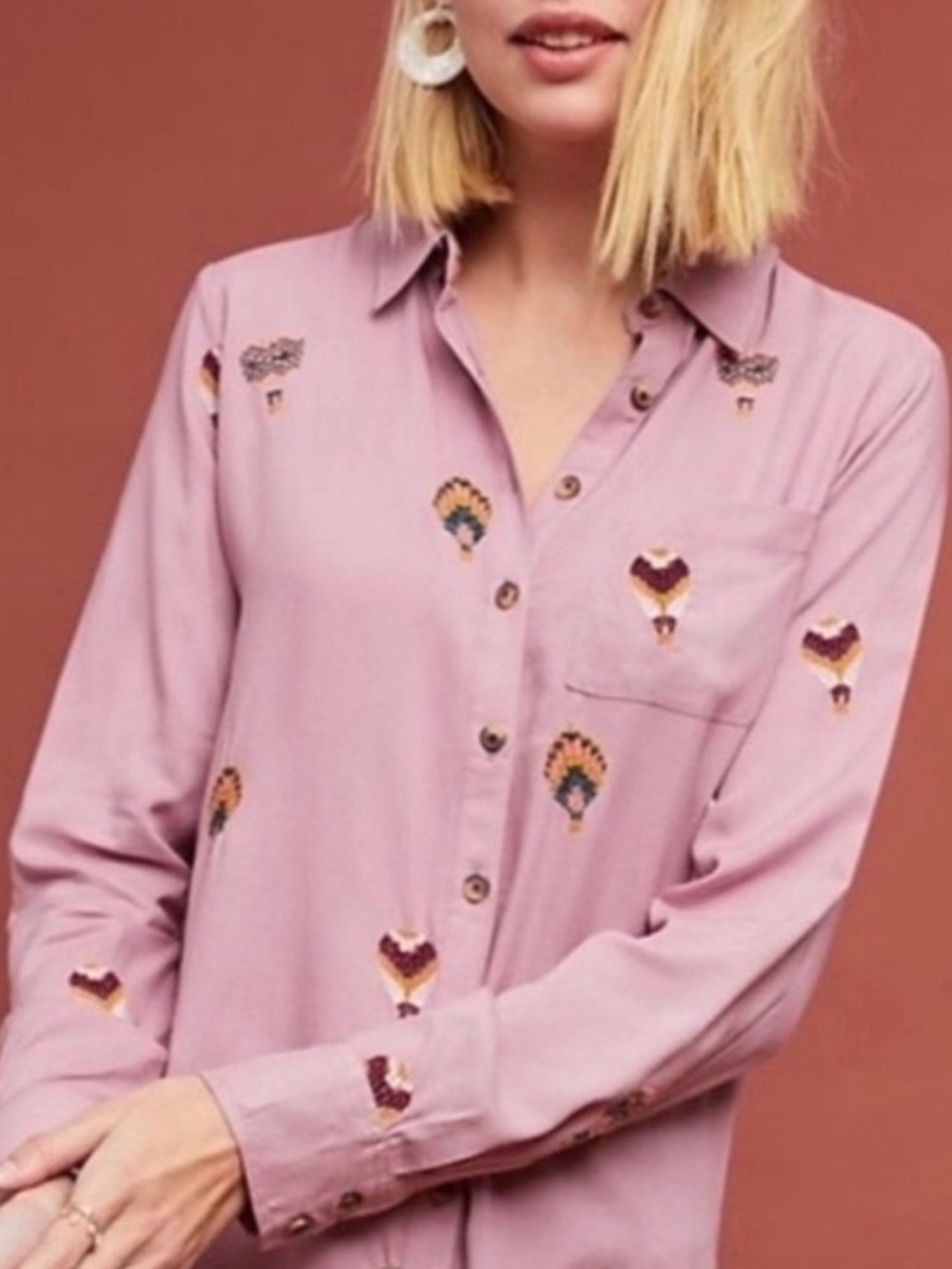 Anthropologie County Fair Embroidered Button Down Shirt SZ 6